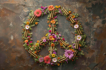 photo of a peace and war sign made of flowers and bullets