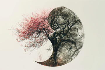 double exposure image of a Yin-Yang symbol filled with a blossoming tree and a bare tree.