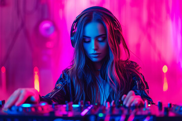 A beautiful sexy stylish girl with long dark hair as a DJ in the neon lighting of a nightclub - obrazy, fototapety, plakaty