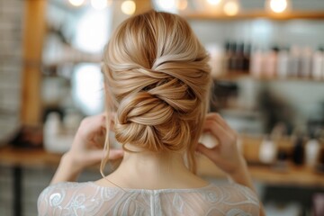 A poised woman with her hair elegantly pulled back in a bun stands indoors, exuding femininity and grace in her dress, perhaps preparing for a special occasion such as a wedding - obrazy, fototapety, plakaty