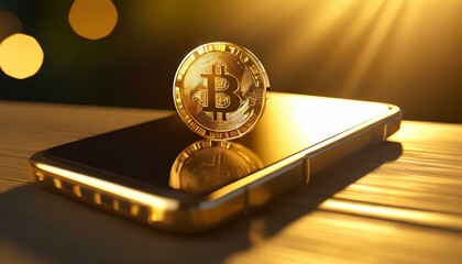 golden bitcoin on a smartphone.
