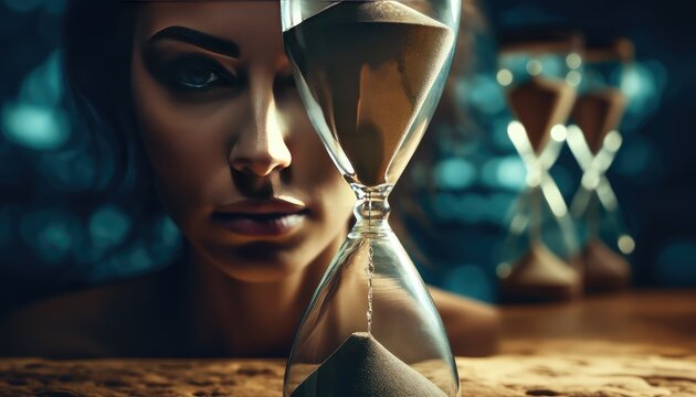 a woman's face is shown with a hourglass