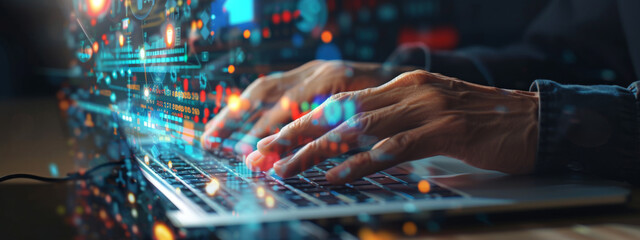 person's hands are seen typing on a laptop keyboard, with futuristic digital graphics of charts, graphs, and data analytics floating above the computer screen.
