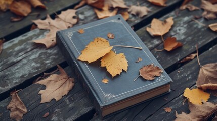 Vintage book cover mockup template with dry leaves