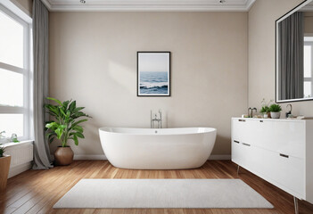 Fototapeta na wymiar a mockup picture frame on a lovely wall over the bathtub in the bathroom with a planter, furnished with cozy furnishings on a wooden floor, 