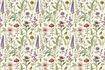 Seamless botanical pattern with various wildflowers and leaves on a light background