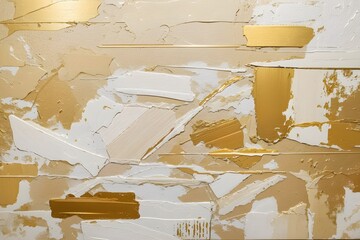 Closeup of abstract painting gold and white texture background. Visible oil, acrylic brushstroke, pallet knife paint on canvas. Contemporary art painting.