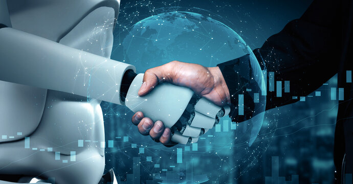XAI 3d illustration hominoid robot handshake to collaborate future technology development by AI thinking brain, artificial intelligence and machine learning process for 4th industrial revolution.