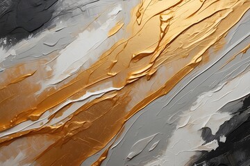 Closeup of abstract painting gold, white and grey, silver texture background. Visible oil, acrylic brushstroke, pallet knife paint on canvas. Contemporary art painting.