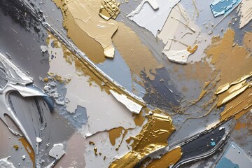 Closeup of abstract painting gold, white and grey, silver texture background. Visible oil, acrylic brushstroke, pallet knife paint on canvas. Contemporary art painting.