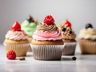 Close up view of various sweet cupcakes.