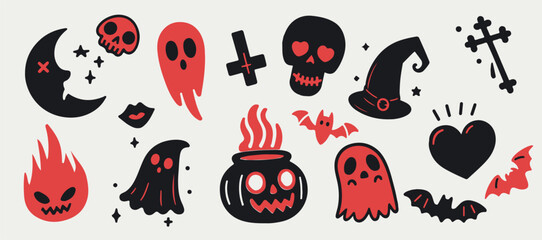 Set of spooky Halloween stickers with skulls, crosses and ghosts. Creepy illustrations for stickers and patches. 