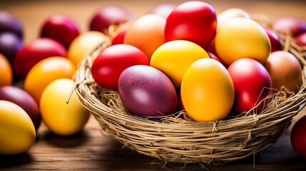 Fototapeta na wymiar Colorful easter eggs in a basket on wooden background. Selective focus. Greeting card on an Easter theme. Happy Easter concept.
