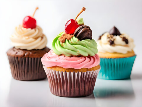 Close up view of various sweet cupcakes isolated on white background.