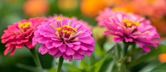 Obraz premium Vibrant Pink Zinni Flower Garden: A Lush Display of Pink Zinni Flowers in a Picturesque Garden Setting