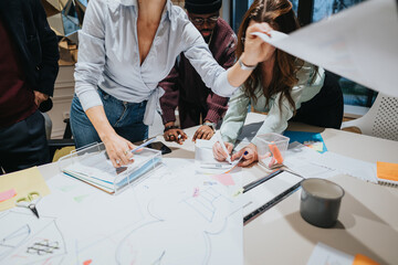 Multiracial team engaged in collaborative work in modern office setting.