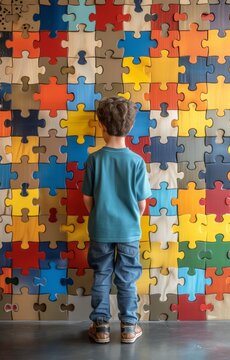 Infant boy boy looking at a wall made of autism awareness puzzle  multi colored pieces jigsaw. A young autistic boy