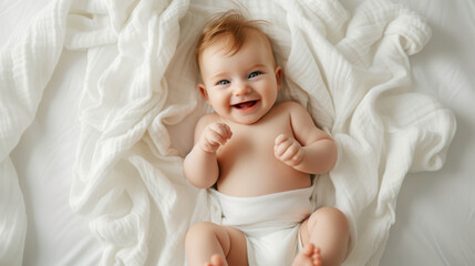 smiling baby lying on a knitted blanket, looking happy and comfortable.