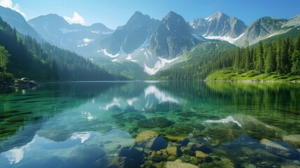 Fototapeta na wymiar The serene beauty of a mountain lake, its crystal-clear waters reflecting the surrounding peaks like a perfect mirror