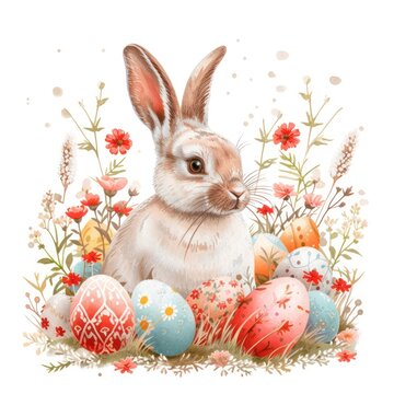 recommend clip art: easter clipart, Illustration of a vibrant Easter bunny surrounded by floral and colorful eggs, in pastel colors, on a white background