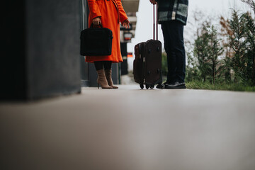 Lower body view of two individuals, a male and a female, standing with suitcases, possibly waiting...