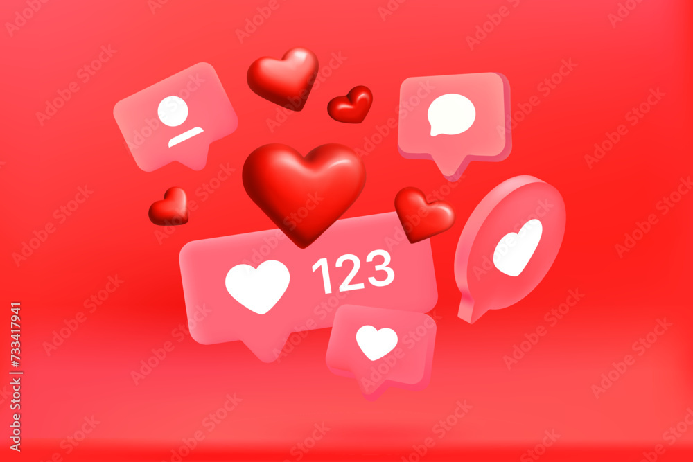 Poster social media notification bubbles and hearts on red background. 3d vector concept
