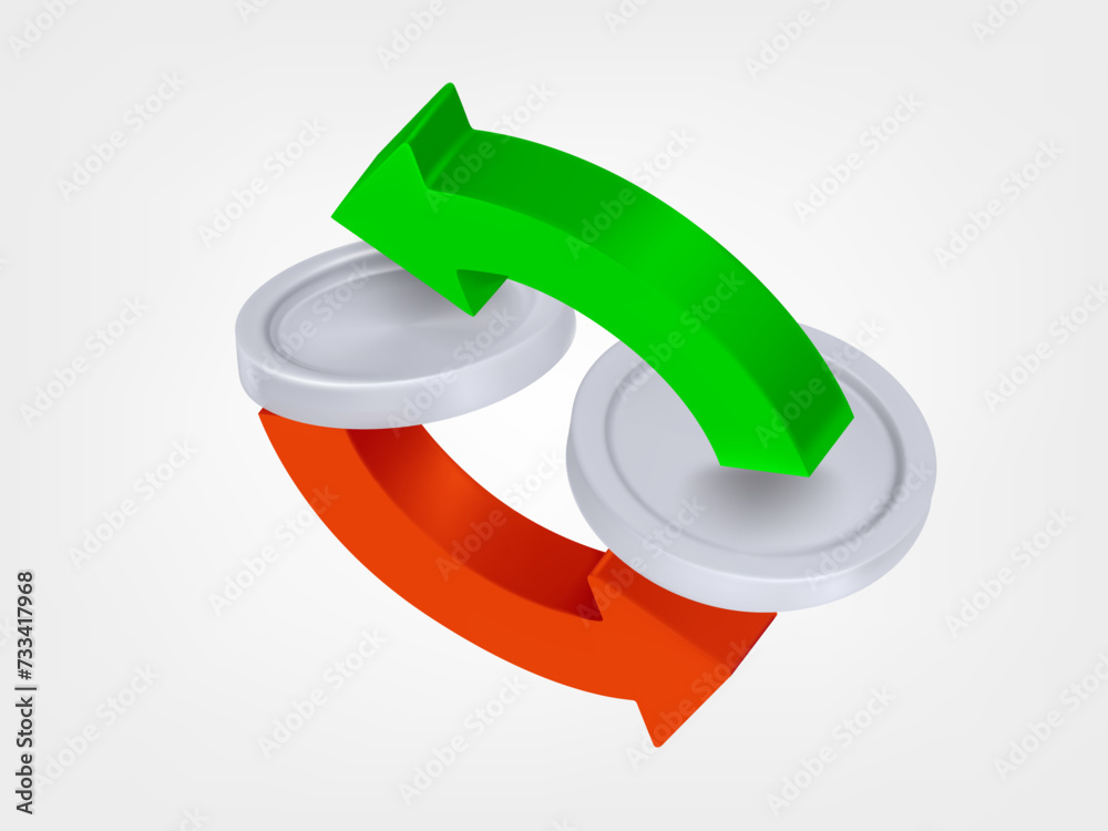 Poster two arrow in the circle with silver coins. cashback concept. 3d vector icons isolated on white backg