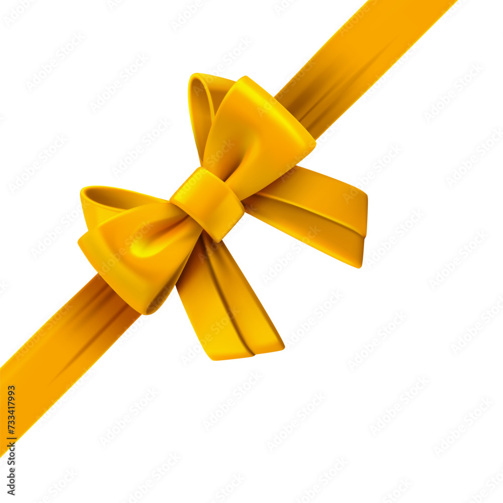 Poster yellow ribbon with bow on the right corner. design trmplate. 3d vector illustration