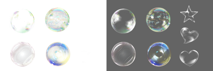 Soap bubble floating transparent background. Realistic air water soap foam bubble with rainbow colors. Bubble frame border PNG	