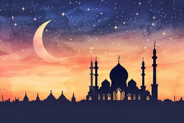 Mosque building architecture at night with moon - obrazy, fototapety, plakaty