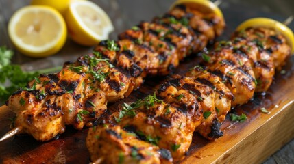 Juicy grilled chicken skewers on a wooden platter