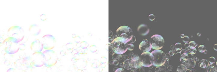 Soap bubble floating transparent background. Realistic air water soap foam bubble with rainbow colors. Bubble frame border PNG	