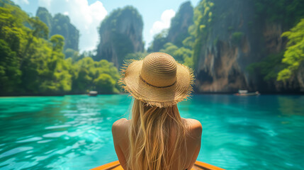 A woman with straw hat sitting on a boat outside an island resort in Southern Thailand.