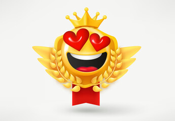 Golden emblem with happy emoji in love. Game achievement 3d badge isolated on white background