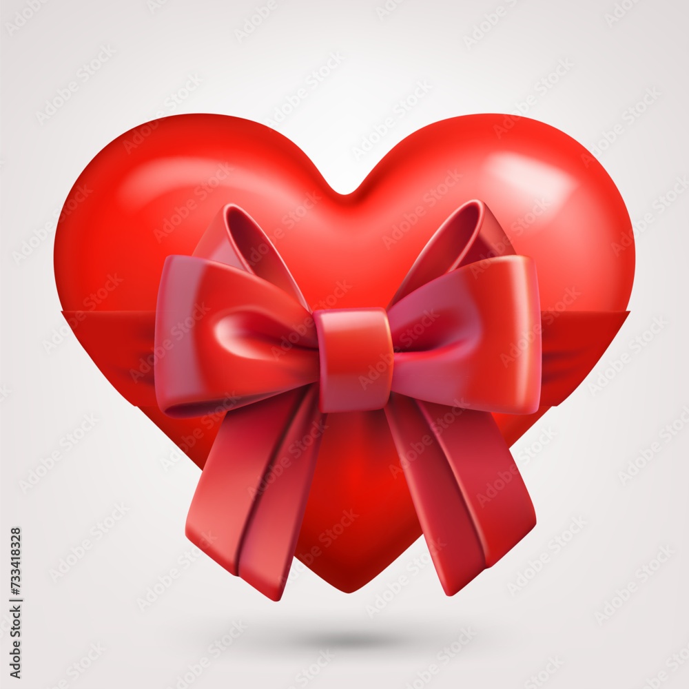 Poster red heart with satin ribbon and bow isolated on white background. 3d vector illustration