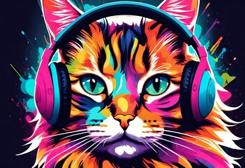 pop art style cat wearing headphones