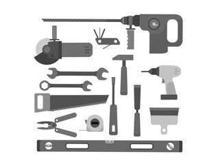 Different industrial tools silhouettes. Vector clipart on black background