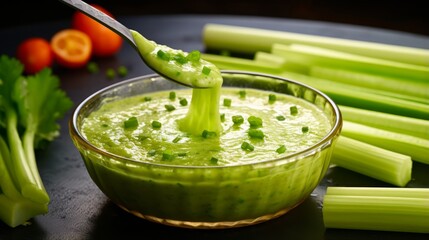 A celery stick plunging into a pool of vegetable dressing