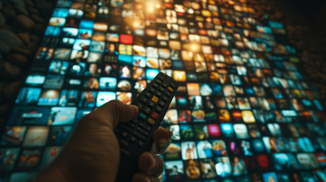 hand holding a television remote control, pointing at a wall of screens displaying a variety of food images.