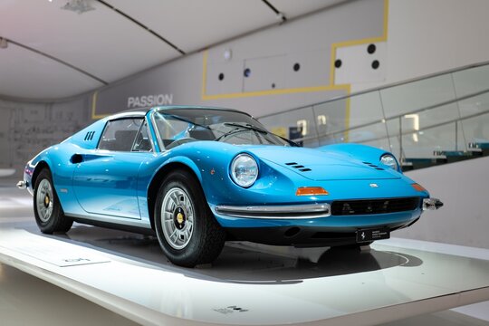 Blue Ferrari Dino 206 GT vintage car in Modena Museum