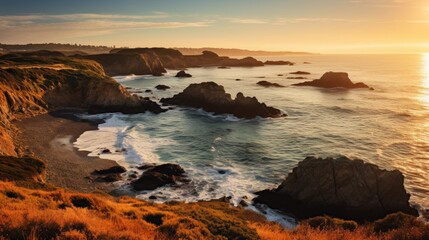 A coastal scene with golden hour hues