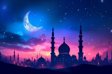 a beautiful silhouette of a mosque with stars under the moon, in the style of ornamental structures