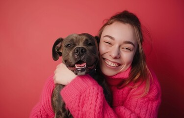 happy woman with dog, smiling