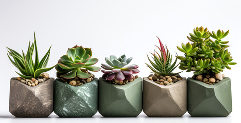 Row of little succulent plants in modern geometric concrete planters isolated on white background, with copy space.
