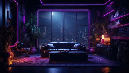 Luxury sofa in dark room with tropical plants. 3D Rendering
