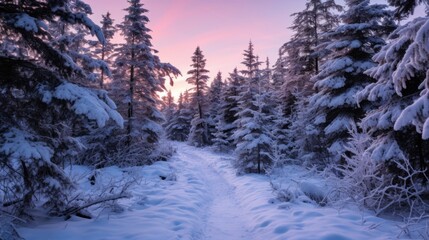 A snow covered forest trail at twilight
