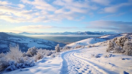 A snowy landscape captured from a hilltop.