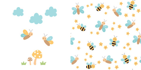 Cute butterflies card and seamless pattern. Childish background with butterflies, mushrooms, bees, flowers and clouds. Vector illustration.