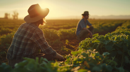 two individuals working in a field during sunrise or sunset, with the focus on one person in the foreground wearing a hat and inspecting the crops.