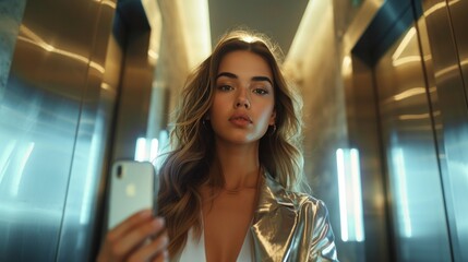 Young beautiful girl in a shiny top takes a selfie while standing in an elevator